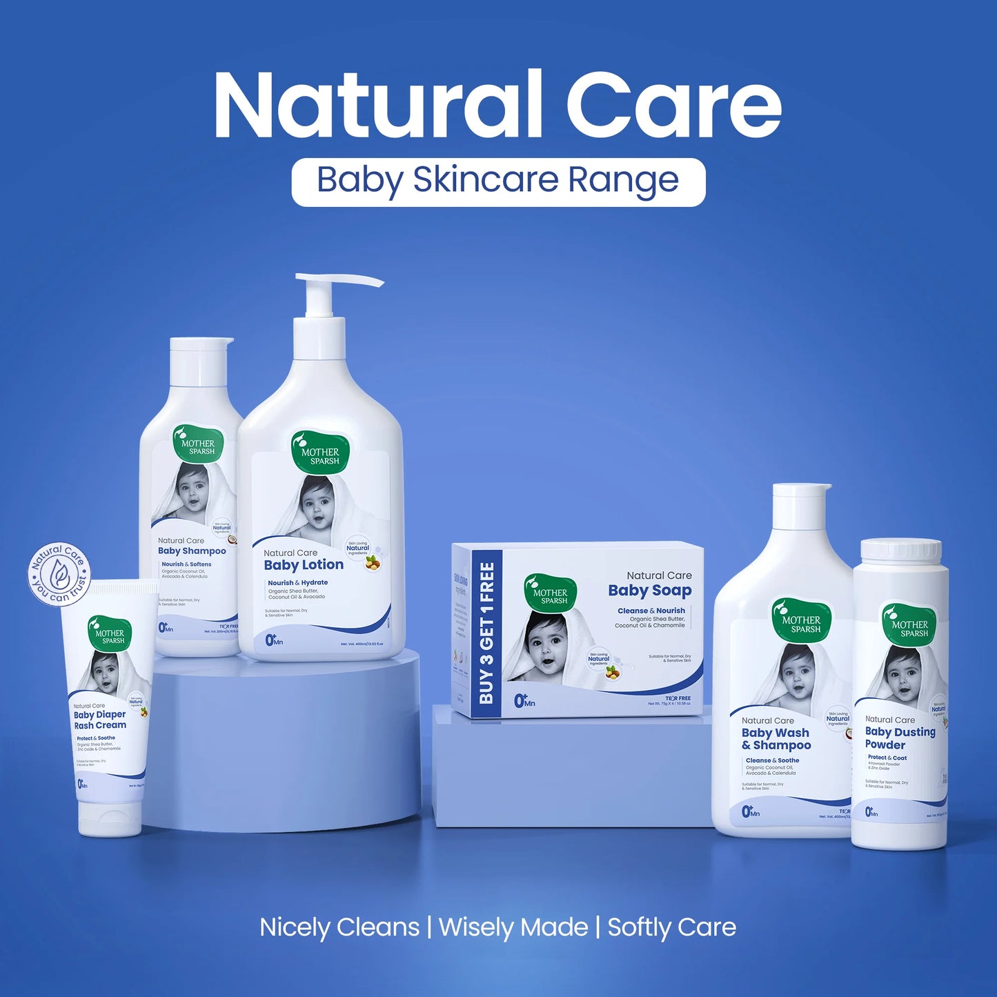 Complete natural baby skincare range by Mother Sparsh including lotion, shampoo, and rash cream