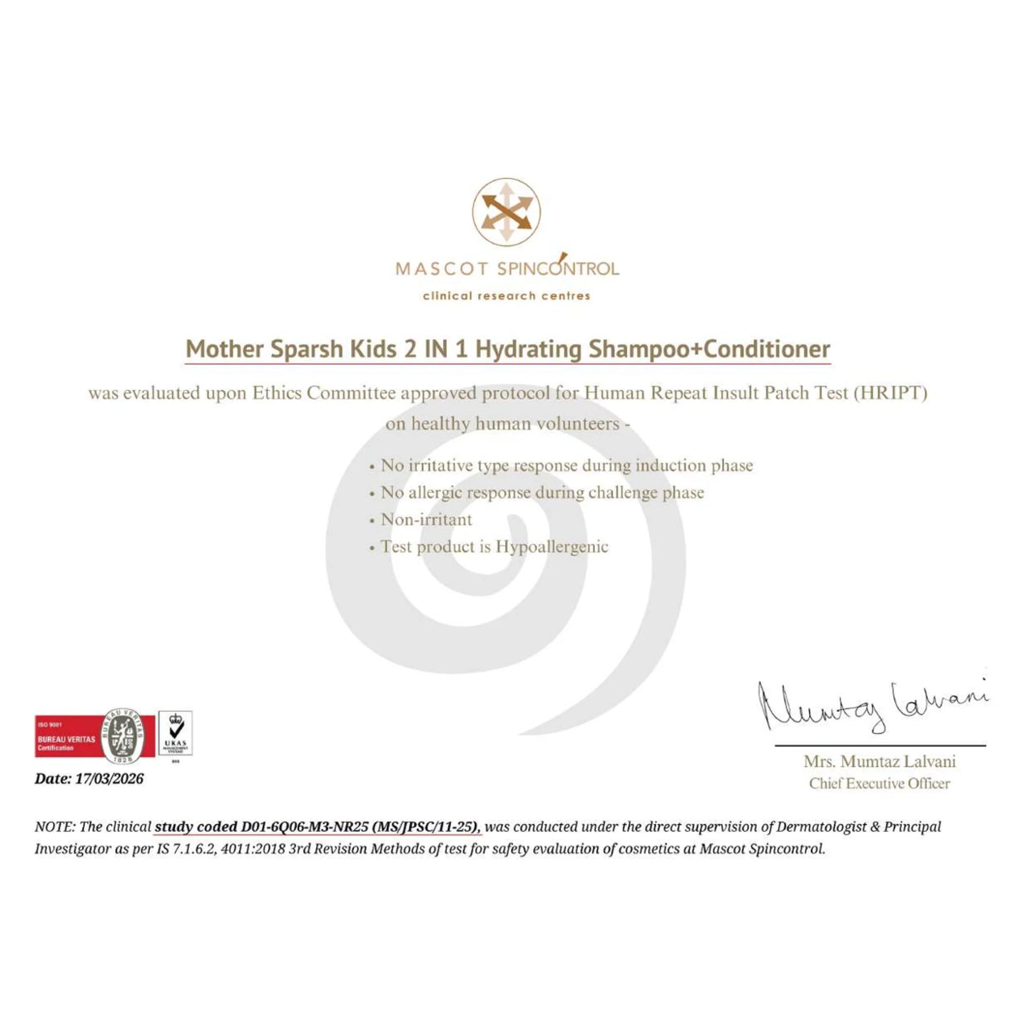 Clinical research certificate from Mascot Spincontrol for Mother Sparsh hypoallergenic kids shampoo.