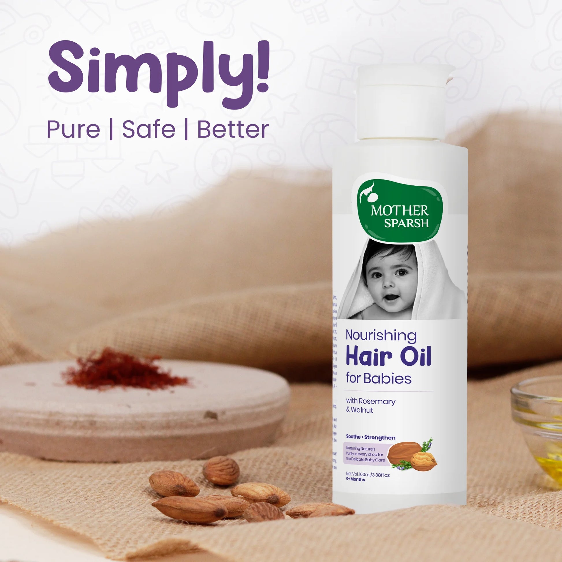 Mother Sparsh Nourishing Hair Oil for Babies displayed with almonds and saffron, emphasizing that the product is Pure, Safe, and Better for natural baby hair care.
