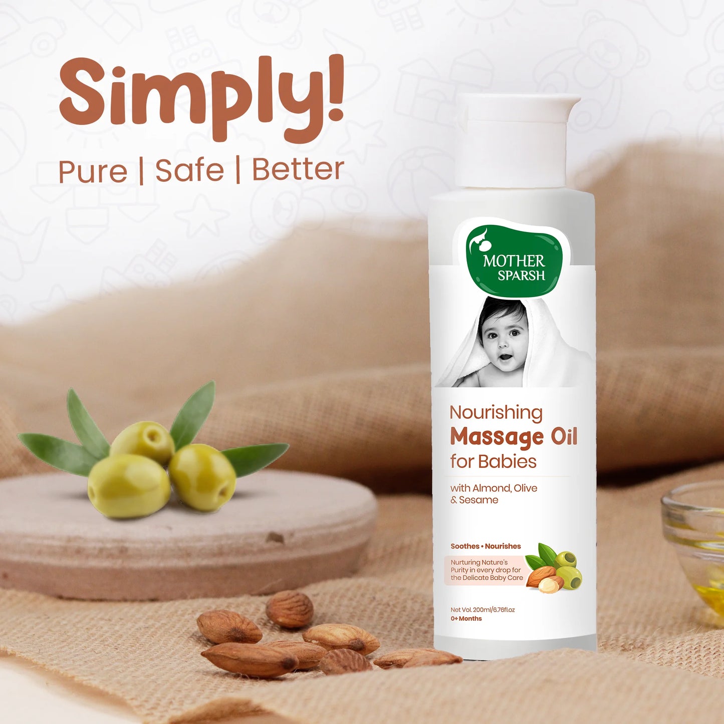 Instructions on how to use Mother Sparsh baby massage oil: warm oil in palm and gently rub onto baby's feet and skin 2-3 times daily.
