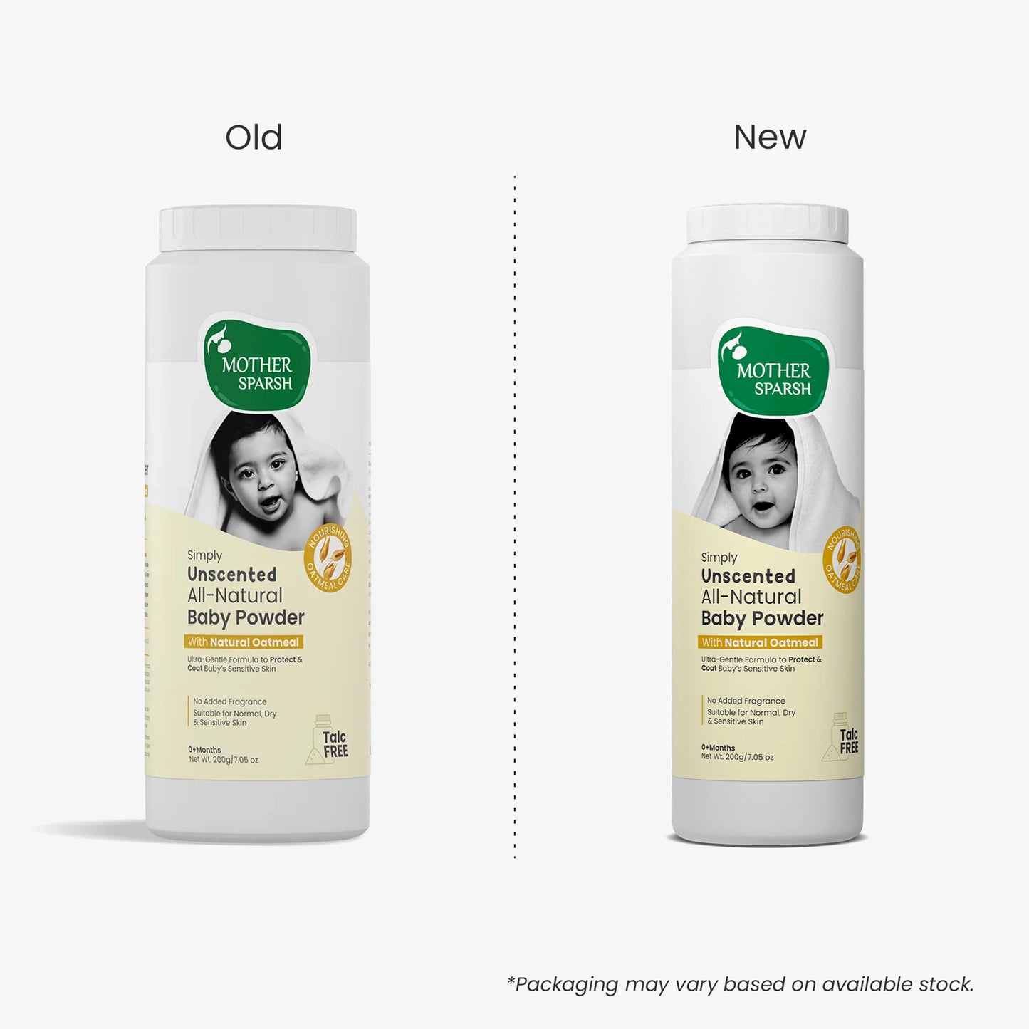 Mother Sparsh Simply Unscented All-Natural Baby Powder comparison showing the old vs new packaging design for the talc-free formula with natural oatmeal.