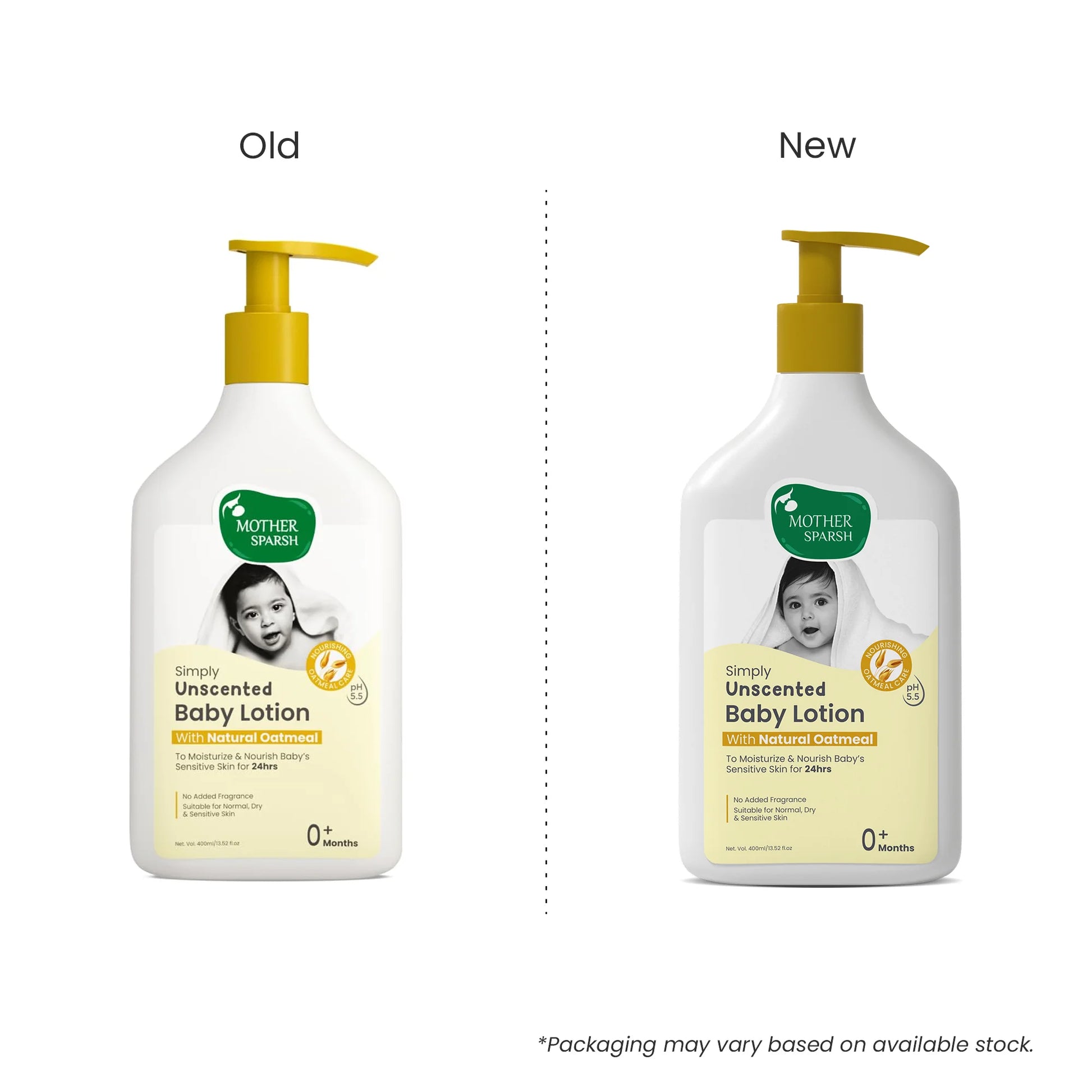 Comparison image showing the Old and New packaging design of the Mother Sparsh Simply Unscented Baby Lotion 400ml pump bottle