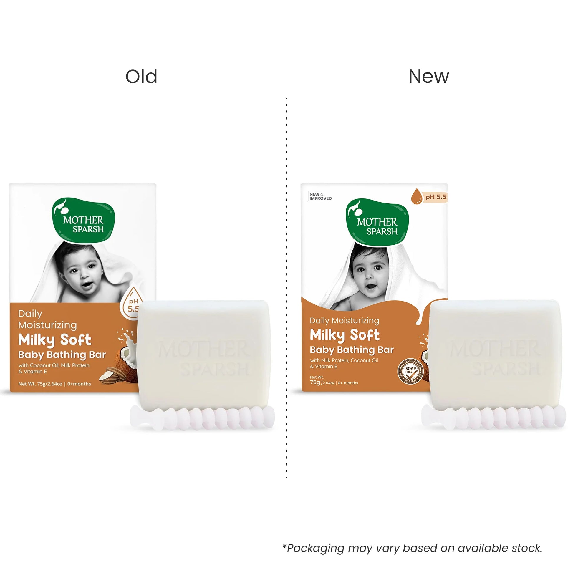 A side-by-side comparison of the old and new packaging for Mother Sparsh Daily Moisturizing Milky Soft Baby Bathing Bar, featuring the new and improved formula with a balanced pH of 5.5.