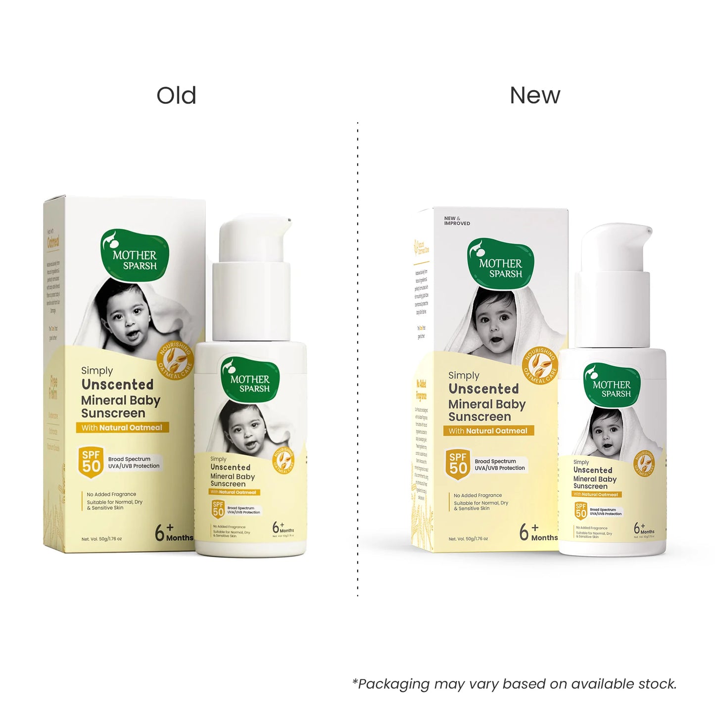 Mother Sparsh Simply Unscented Mineral Baby Sunscreen SPF 50 with Natural Oatmeal: comparison of old vs new packaging.