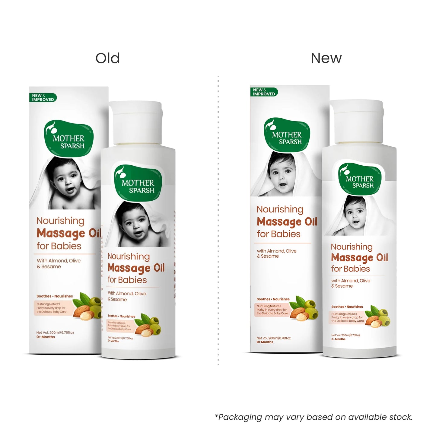 Mother Sparsh Nourishing Massage Oil for Babies 200ml with Almond Olive Sesame, showcasing pure and safe ingredients for better baby care.