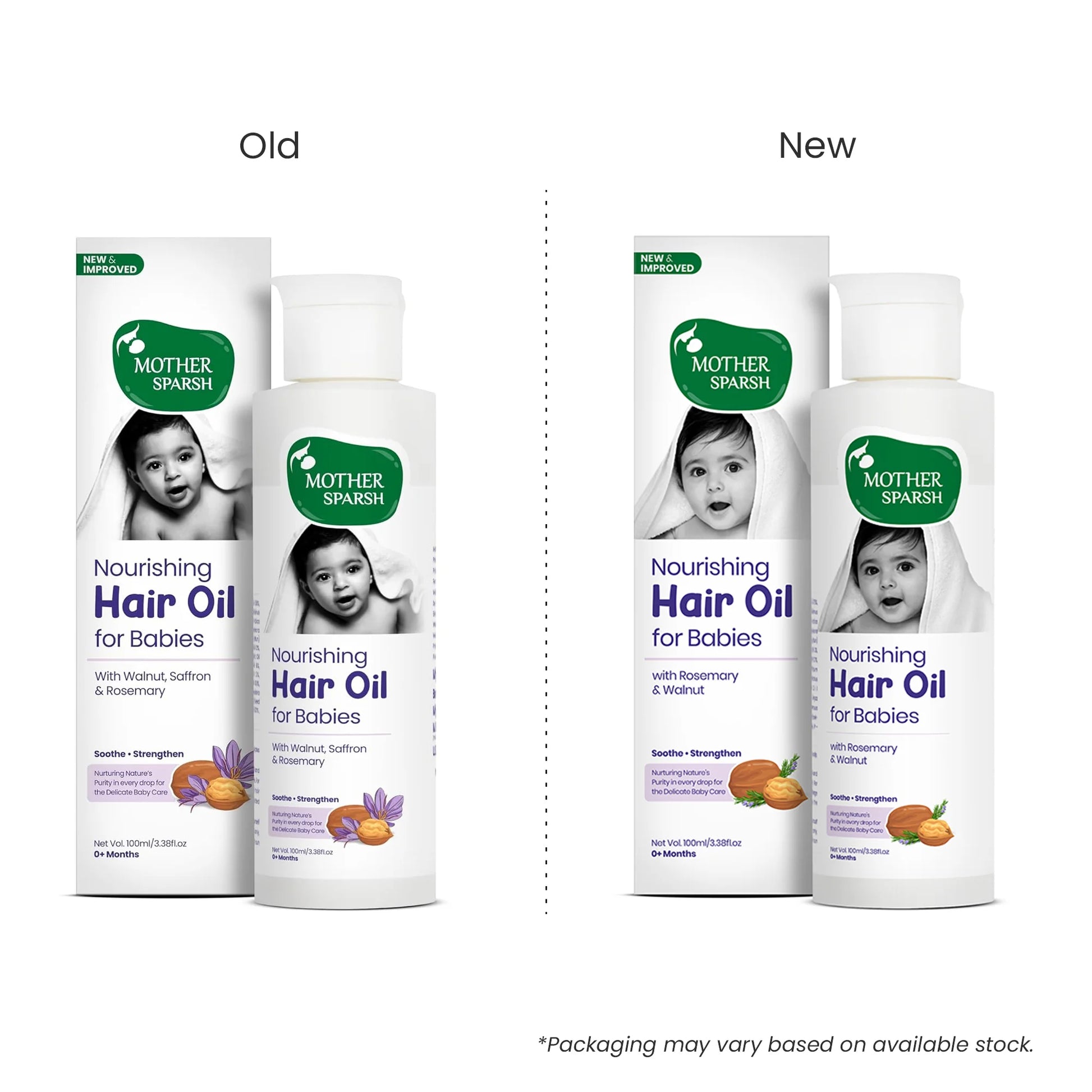 Old versus New packaging comparison for Mother Sparsh Nourishing Hair Oil for Babies, showing the improved formula updated from Walnut, Saffron, and Rosemary to Rosemary and Walnut.