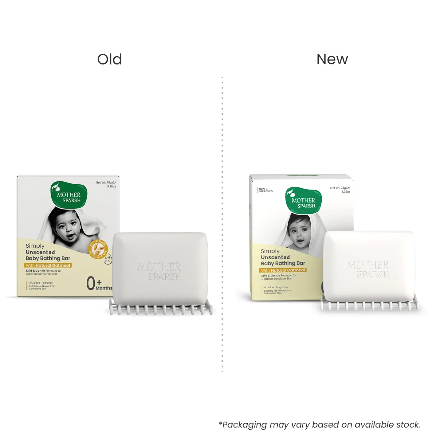 Comparison image of the Mother Sparsh Simply Unscented Baby Bathing Bar showing both the Old and New packaging designs, highlighting the continued Natural Oatmeal formula for sensitive baby skin.