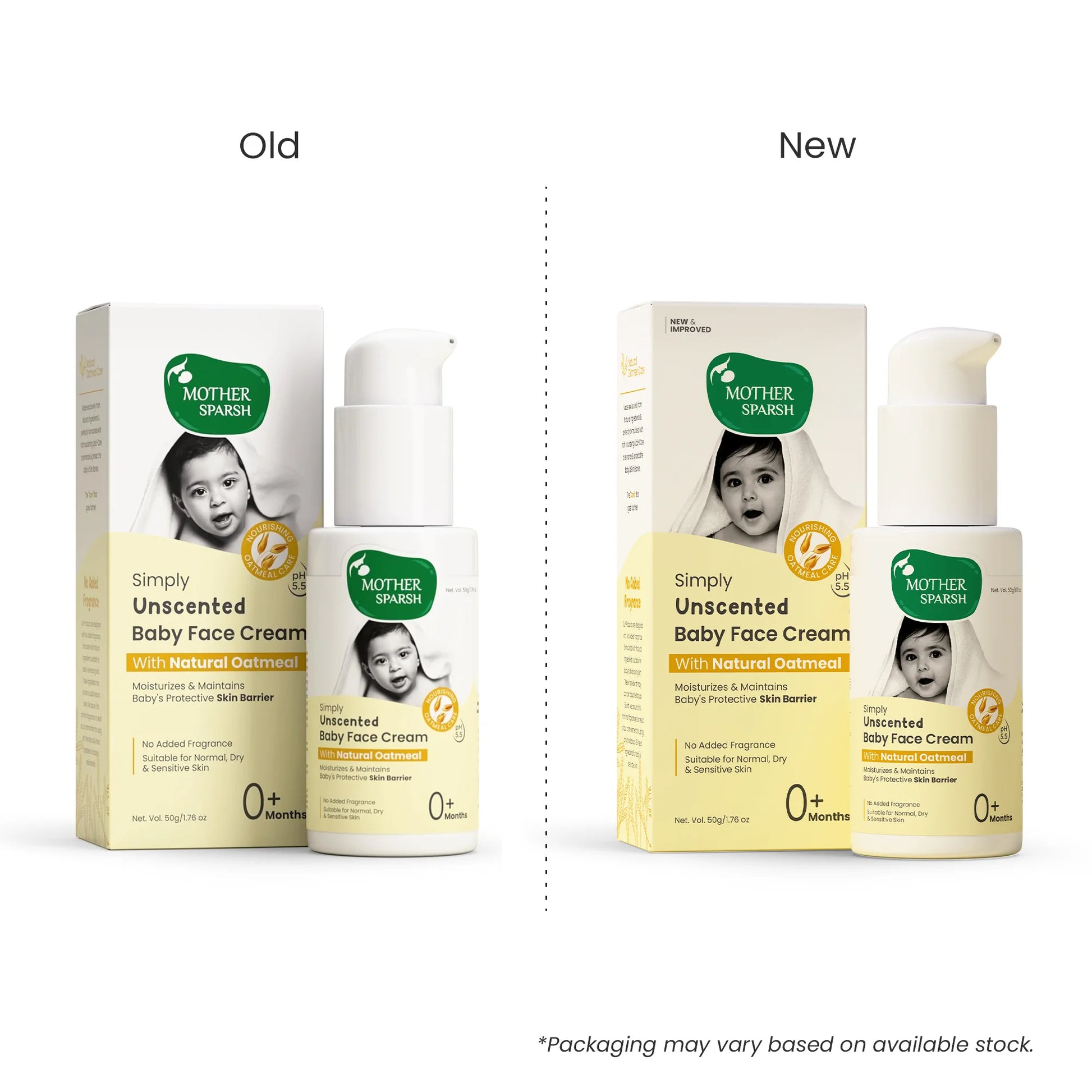 Mother Sparsh Simply Unscented Baby Face Cream packaging comparison: old versus new improved design. Moisturizes and protects baby skin barrier with Natural Oatmeal, suitable for sensitive skin from 0+ months.