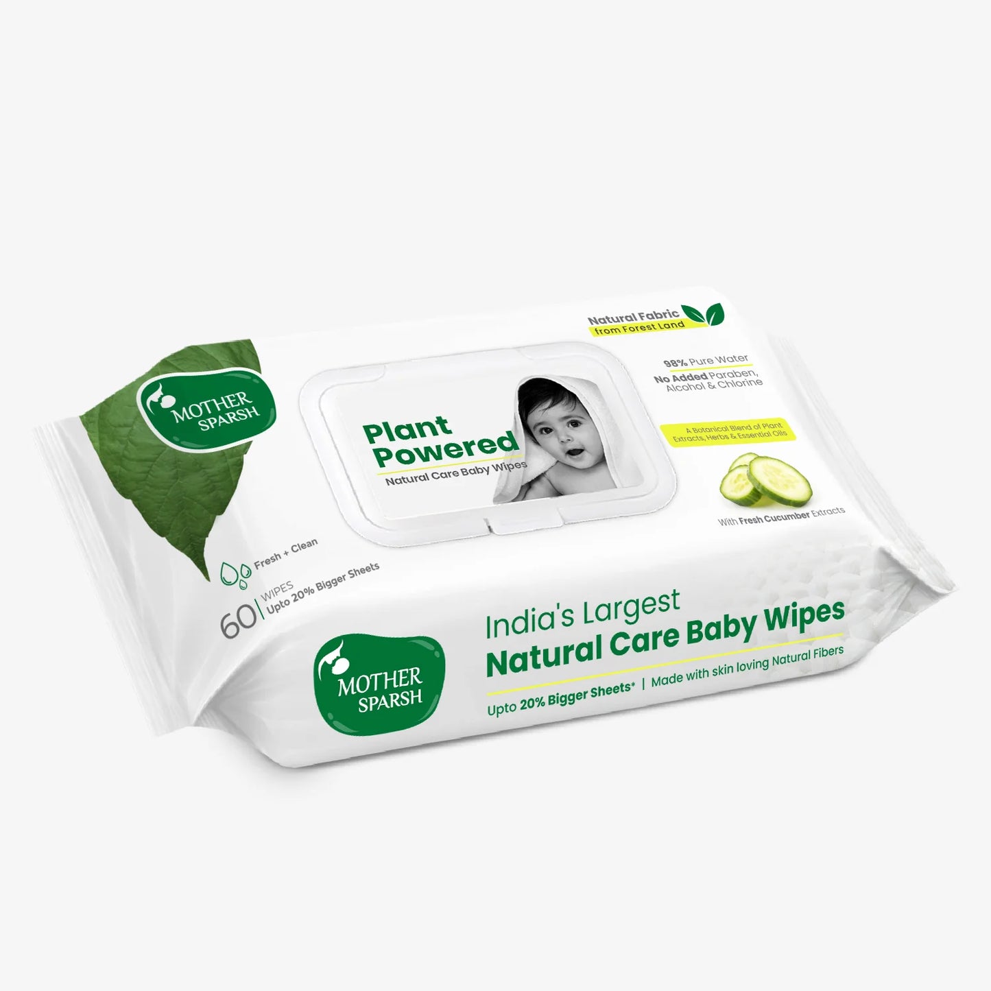 Mother Sparsh Plant Powered Natural Care Baby Wipes (60 sheets) made with 98% Pure Water and Fresh Cucumber Extracts.