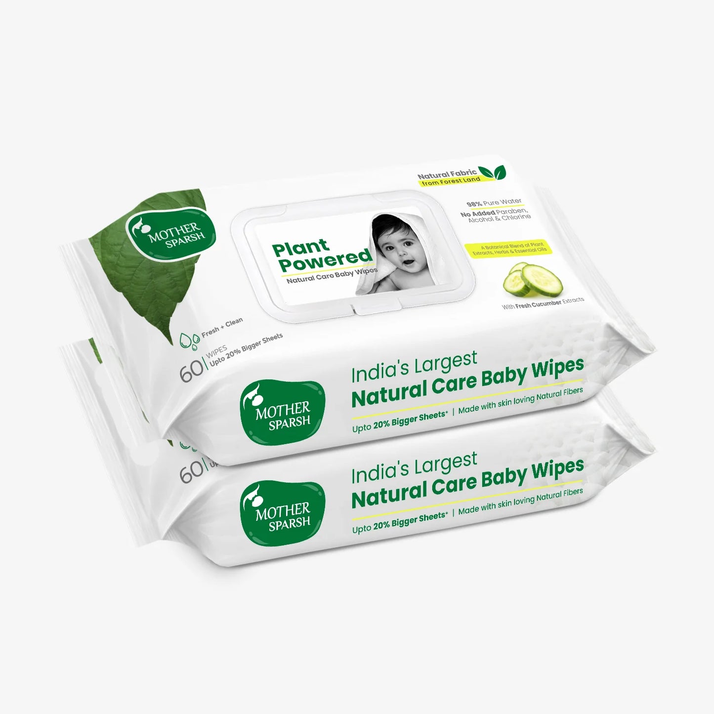Pack of 2 (120 sheets total) of Mother Sparsh Plant Powered Natural Care Baby Wipes, India's largest wipes with 98% Pure Water and cucumber extracts.