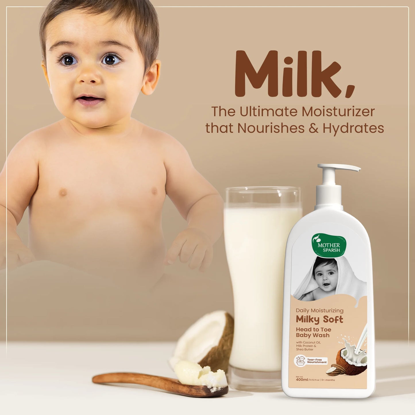 Mother Sparsh Milky Soft Baby Wash enriched with milk, the natural moisturizer that nourishes and hydrates