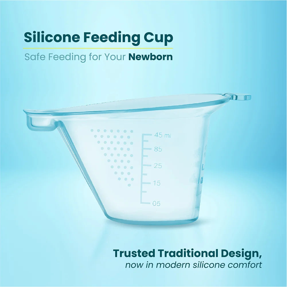op view of baby feeding cup with soft spout for newborns