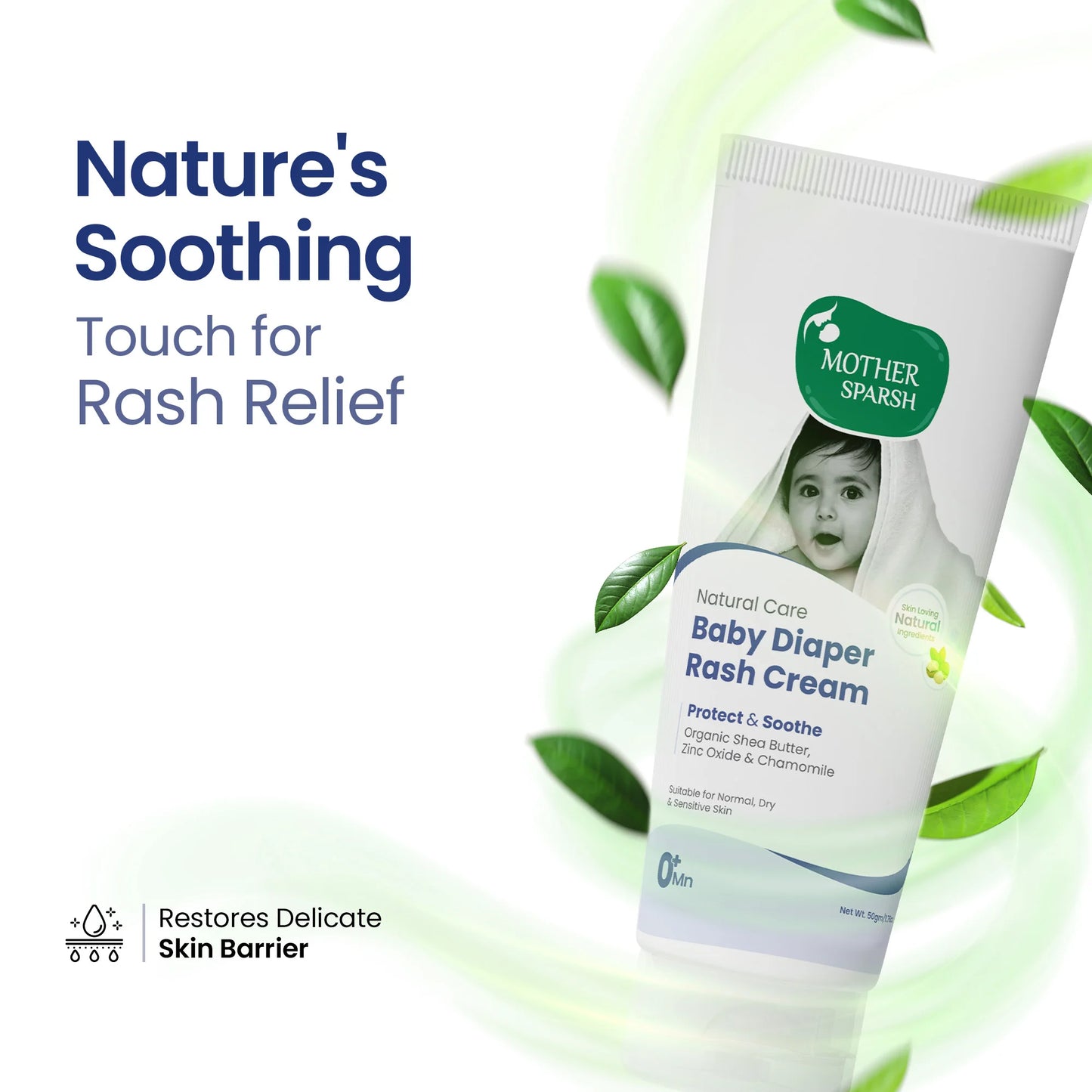 Mother Sparsh Baby Skincare Initiative highlighting paraben-free, phthalate-free, and SLS-SLES free formula