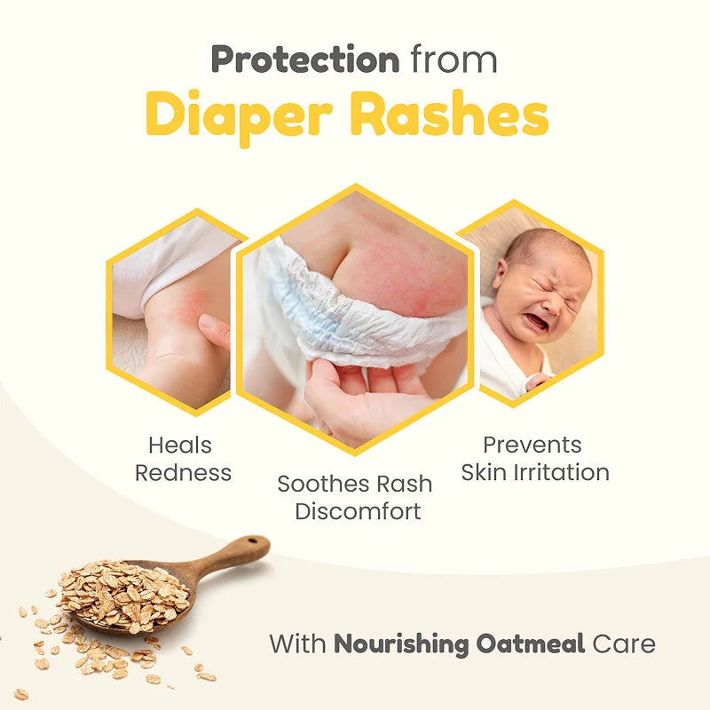 An infographic showing the benefits of Mother Sparsh diaper rash cream which heals redness, soothes rash discomfort, and prevents skin irritation with nourishing oatmeal care.
