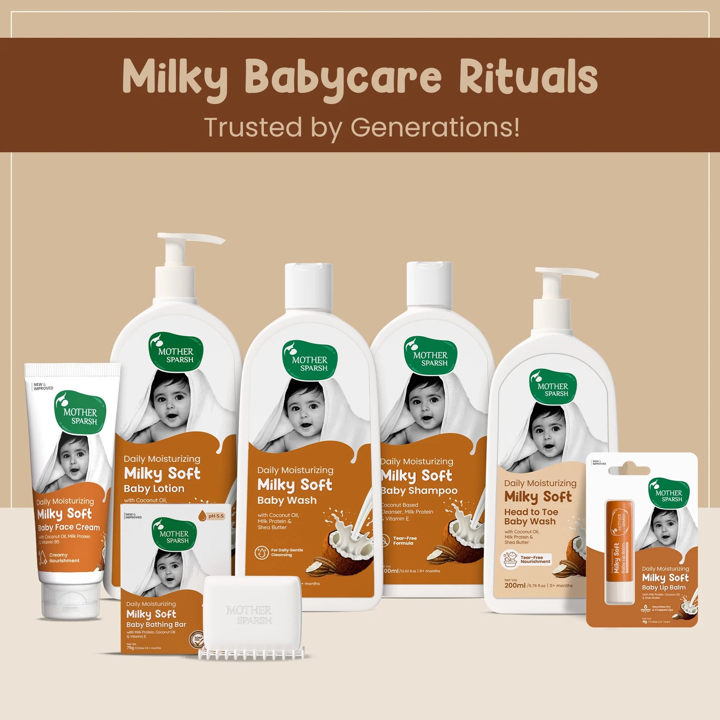 Complete Baby Care Range by Mother Sparsh – Milky Soft Lotion, Shampoo, Face Cream, and Head to Toe Baby Wash