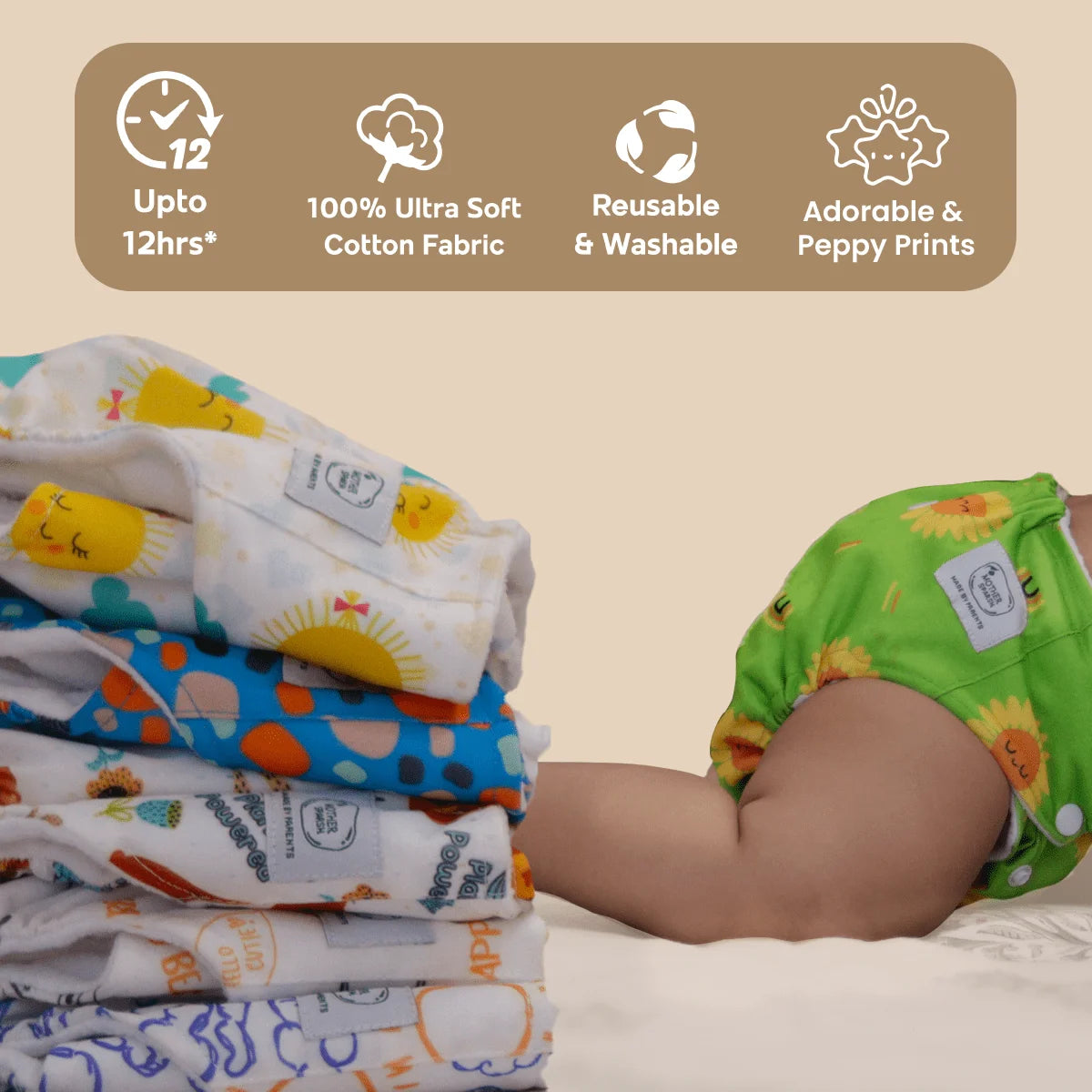 Plant Powered Premium Cloth Diaper for Babies - with Super-Zorb™ Soaker Insert (India's 1st Built-In Booster Pad) for 2X Ultra Absorption