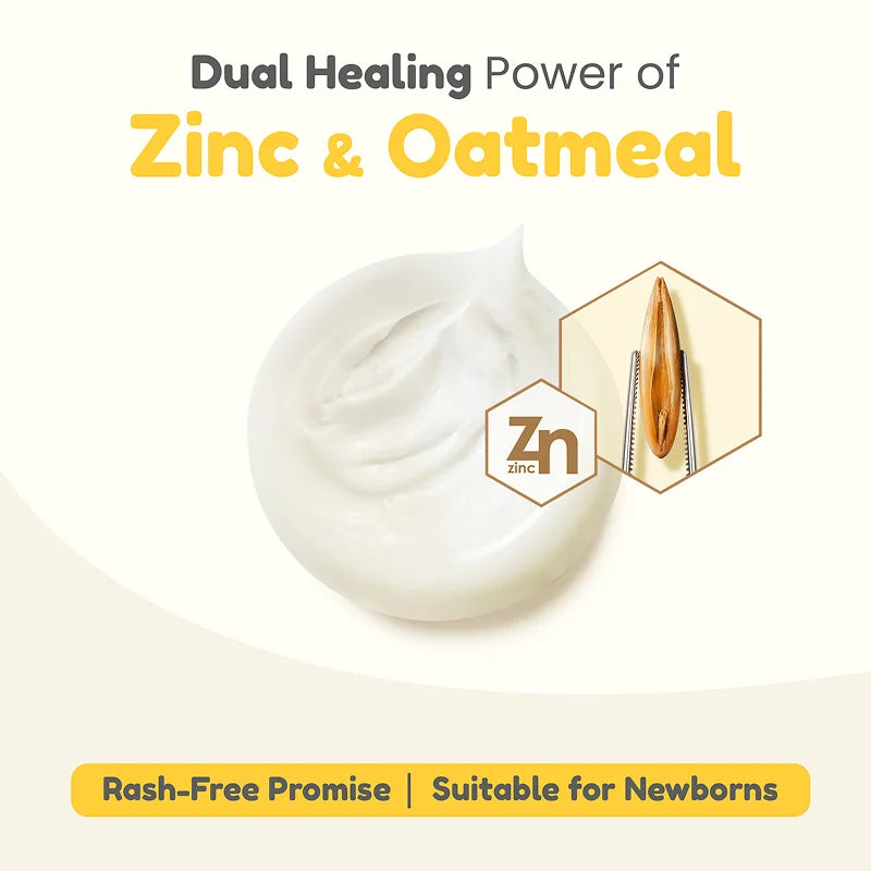 An image illustrating the dual healing power of Zinc and Oatmeal in Mother Sparsh diaper rash cream, which is suitable for newborns and promises rash-free skin.