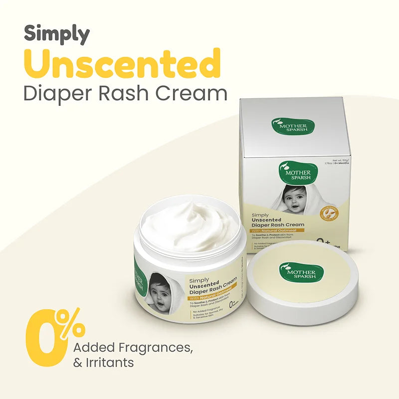 An open jar of Mother Sparsh Simply Unscented Diaper Rash Cream showcasing its smooth texture and highlighting its formula with 0% added fragrances and irritants.