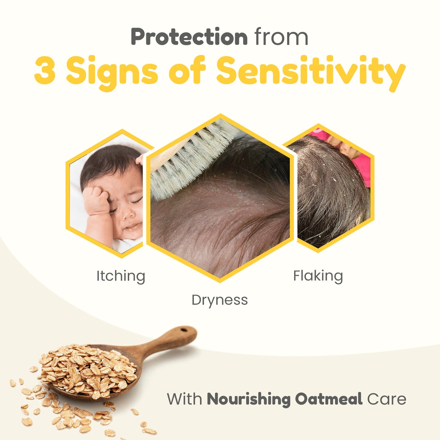Baby scalp care signs—itching, dryness, flaking—with nourishing oatmeal solution from Mother Sparsh