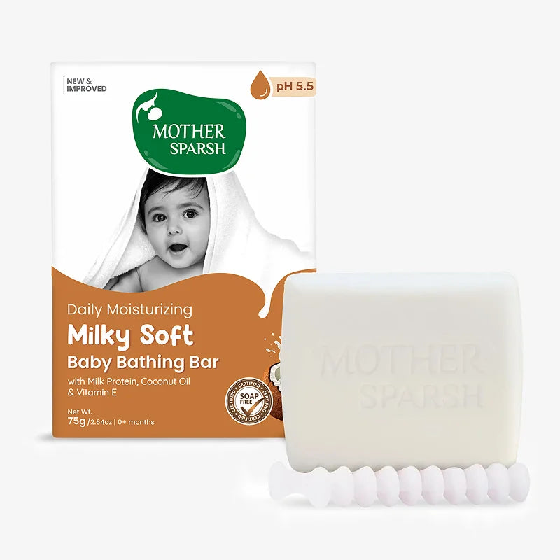 Mother Sparsh Milky Soft Baby Soap with milk protein, coconut oil, and Vitamin E