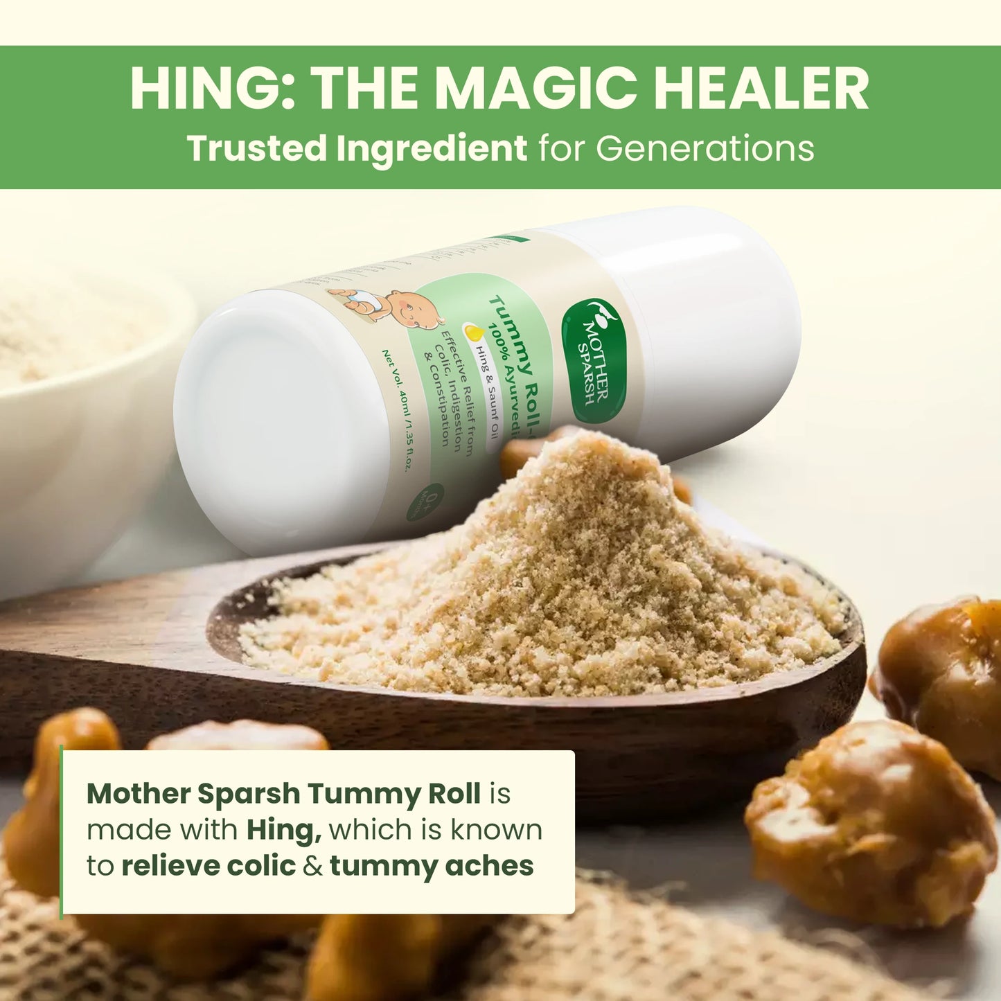 Mother Sparsh Tummy Roll-On with hing and fennel oil for baby stomach discomfort