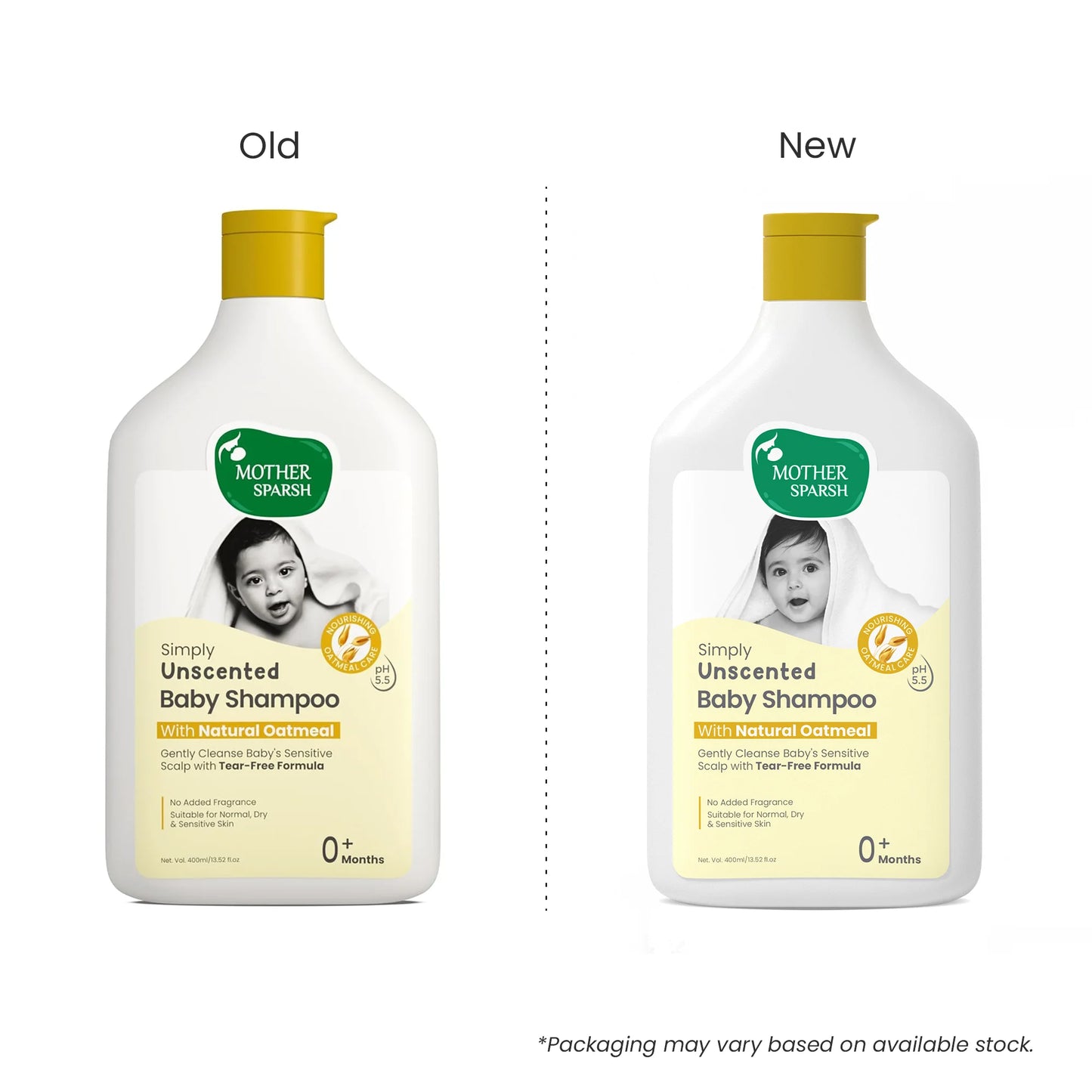 Old vs new packaging comparison of Mother Sparsh Simply Unscented Baby Shampoo with natural oatmeal for sensitive scalp