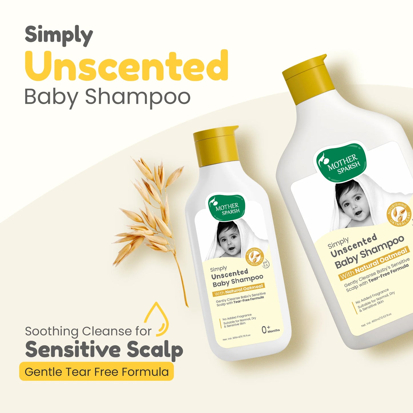 Mother Sparsh Unscented Baby Shampoo bottles with natural oatmeal, shown for sensitive scalp care and tear-free use