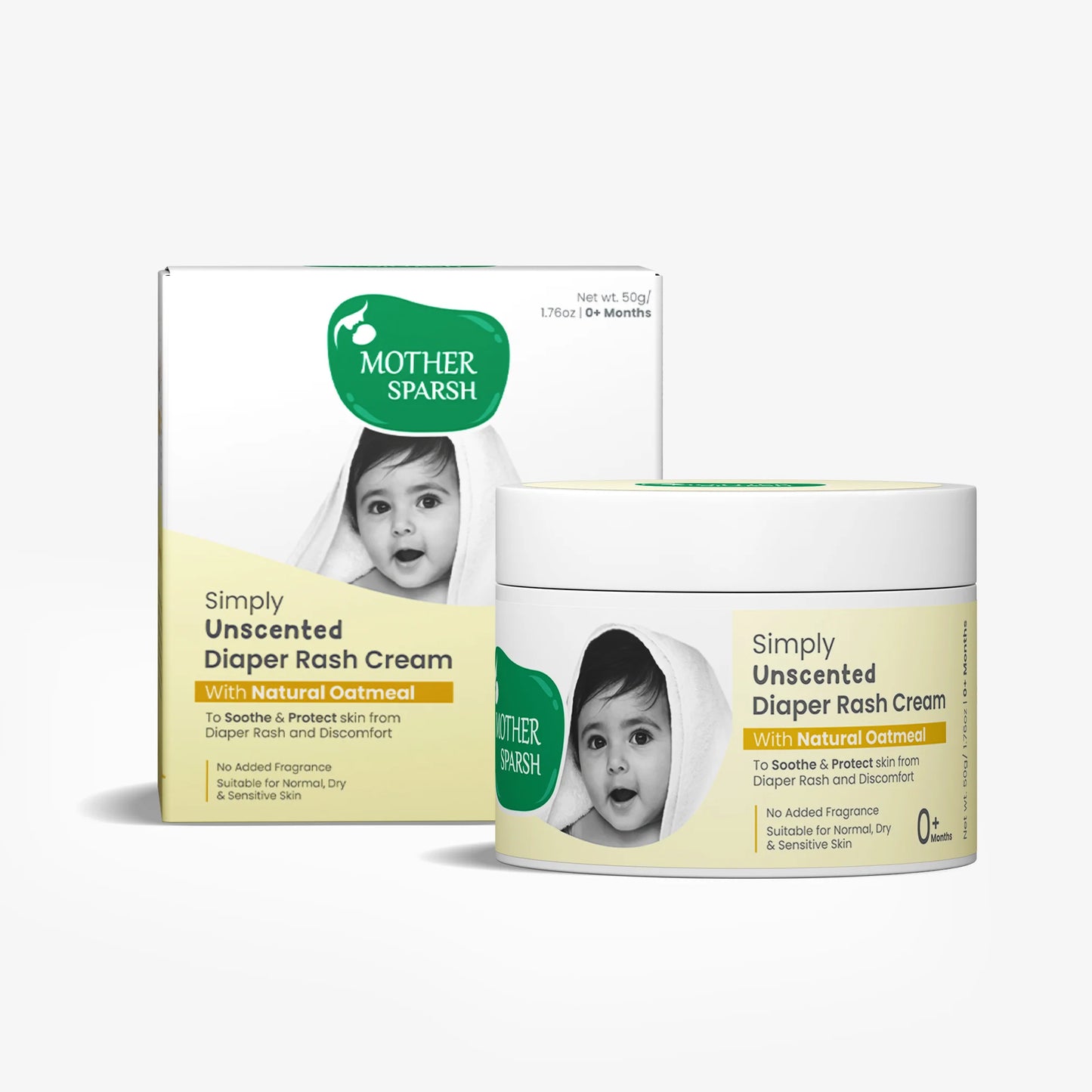 Mother Sparsh Simply Unscented Diaper Rash Cream with Natural Oatmeal, showing the 50g product jar alongside its outer box packaging.