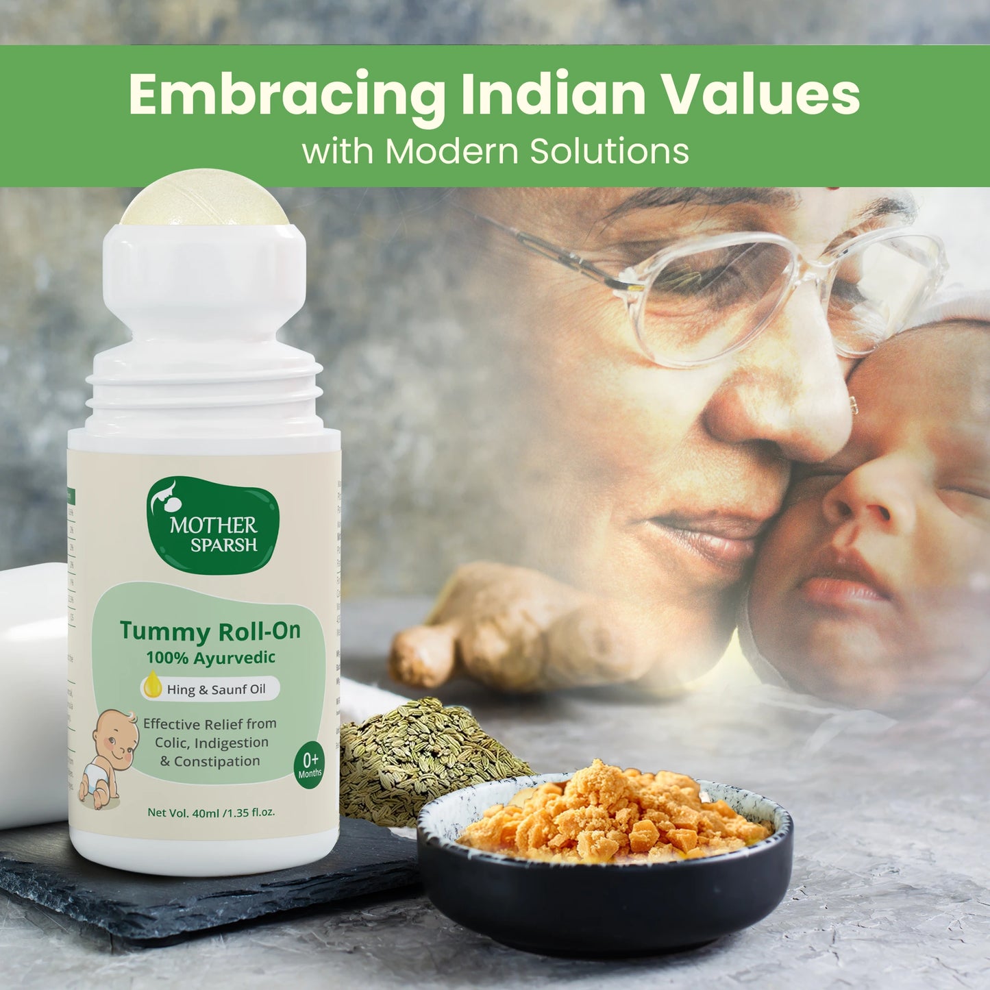 Mother using Mother Sparsh Tummy Roll-On on baby’s tummy for colic and gas relief