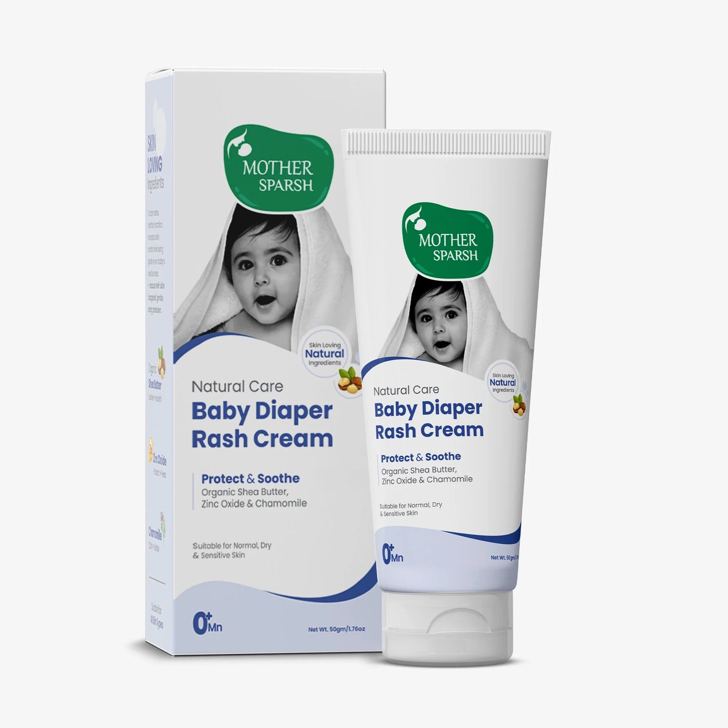 Mother Sparsh Natural Care Baby Diaper Rash Cream packaging with soothing and protective formula