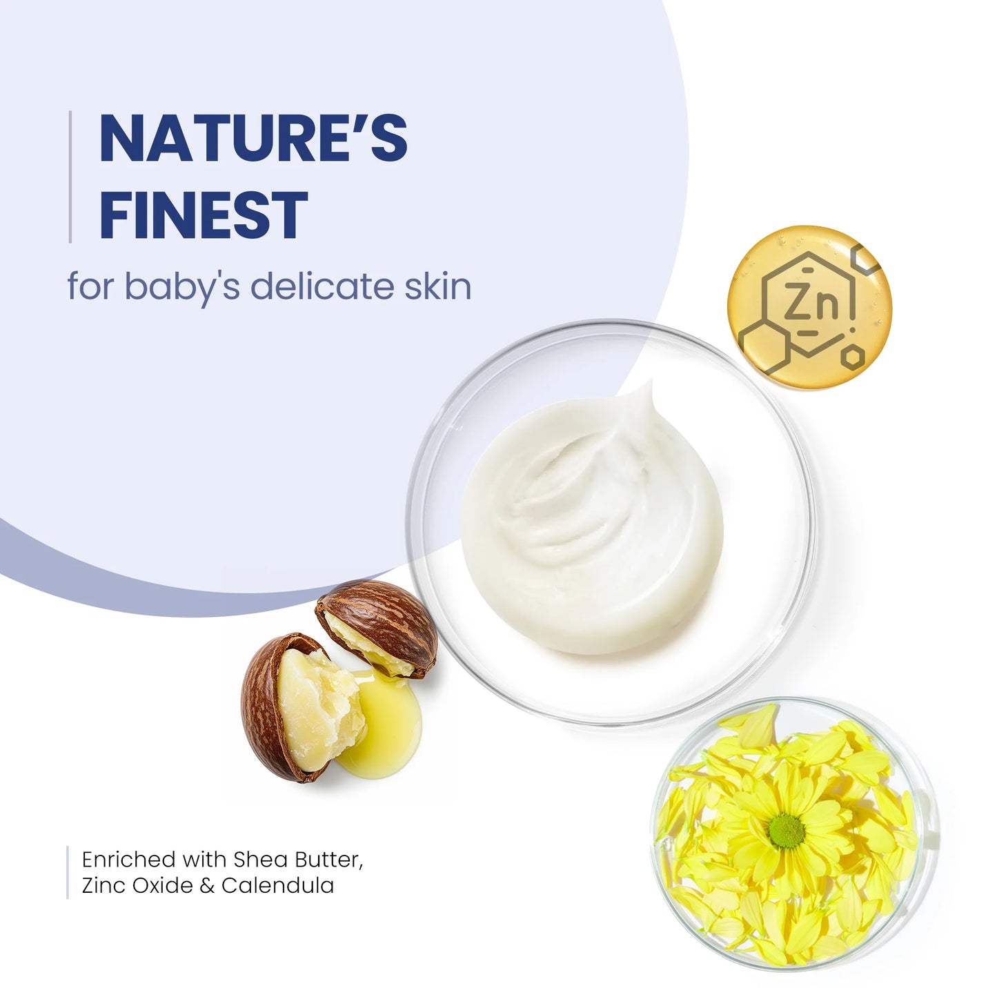 Natural ingredients like shea butter, zinc oxide, and calendula for baby's delicate skin