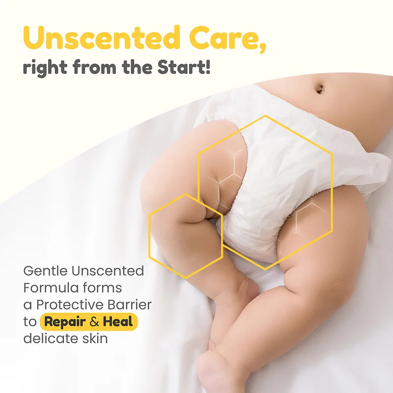 A baby in a diaper with graphics showing how the gentle unscented formula of Mother Sparsh diaper cream forms a protective barrier to repair and heal delicate skin.