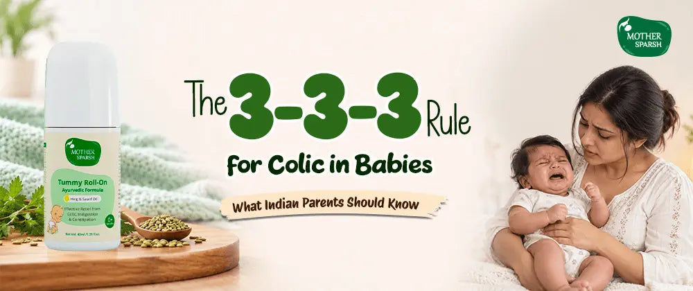 Parent gently massaging colicky baby's tummy at home — the 3-3-3 rule for colic explained for Indian parents
