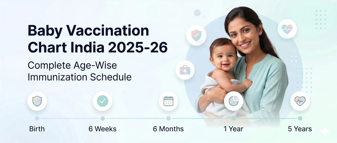 A banner showing a baby vaccination chart for India (2025-26) with an age-wise immunization schedule from birth to 5 years. The chart features a mother and baby with medical icons.