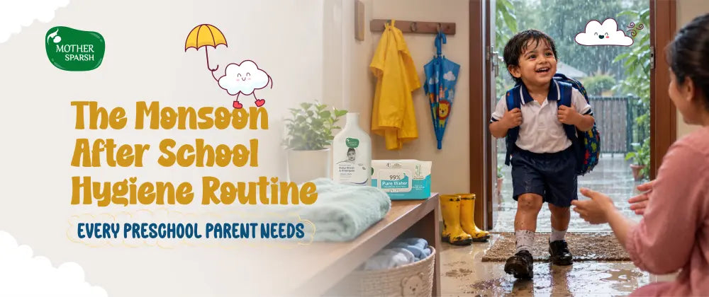 Preschool child removing wet shoes and muddy socks at the door during monsoon — after-school hygiene routine for kids
