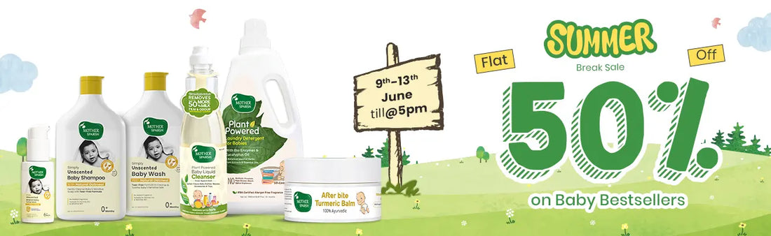 Flat 50% Off Summer Skincare Sale for Babies – Mother Sparsh Products including sunscreen, wipes, laundry detergent and after-bite balm