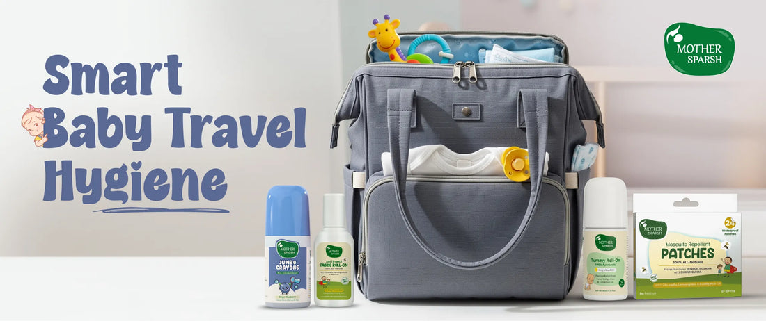 Mother carrying baby while travelling with hygiene essentials and Mother Sparsh baby wipes