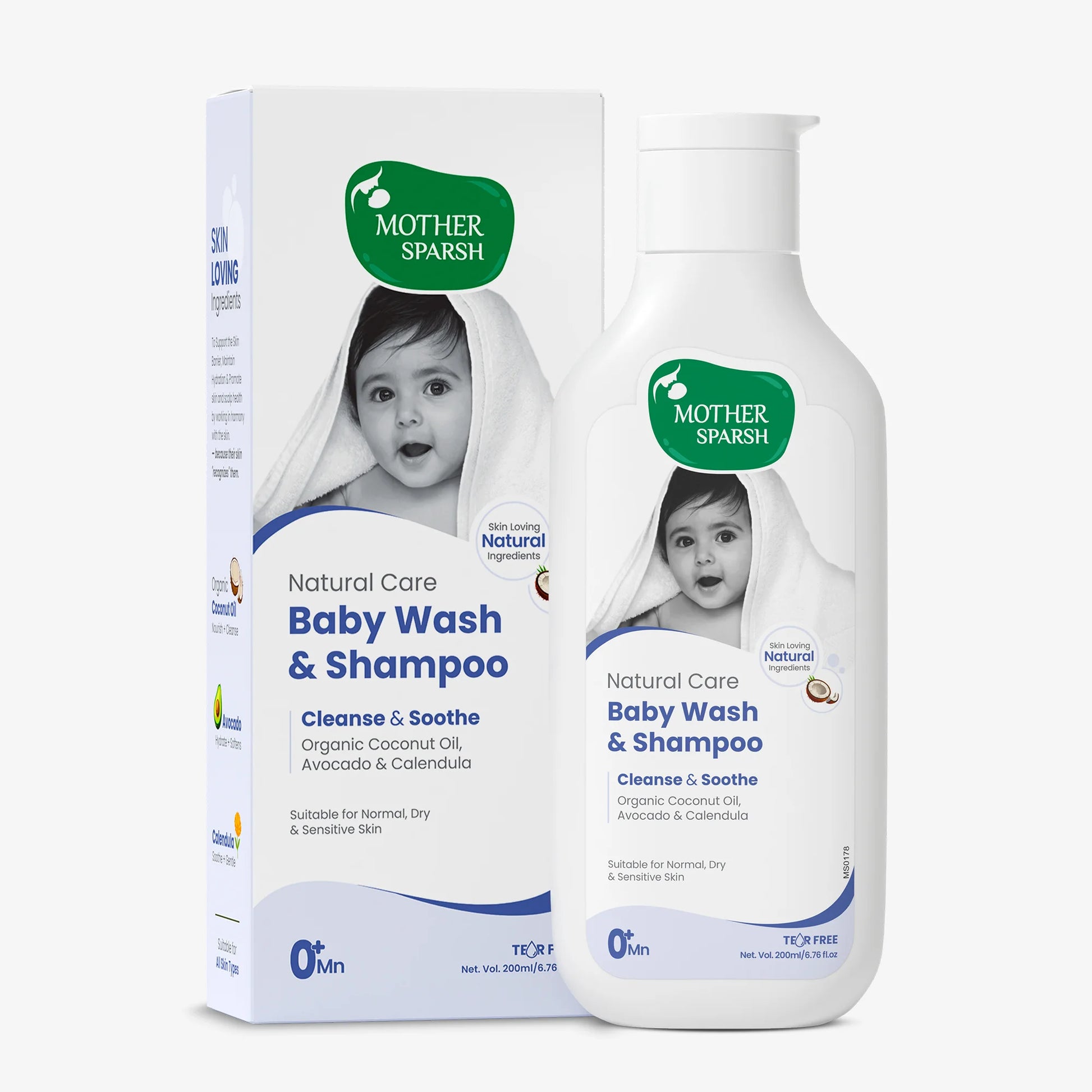 Mother Sparsh baby wash and shampoo bottle with box packaging for newborns and sensitive skin