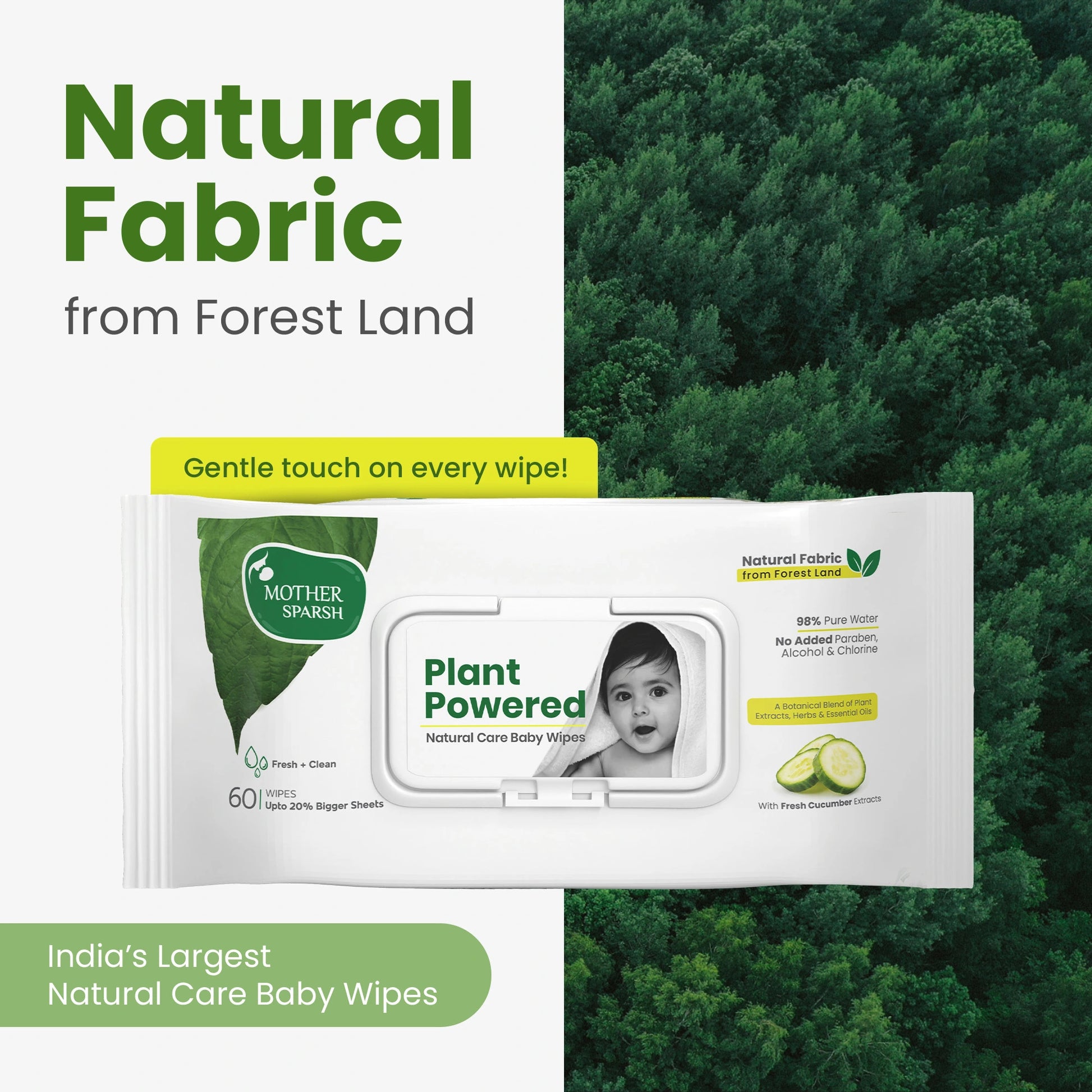 Mother Sparsh Plant Powered Natural Care Baby Wipes pack with Natural Fabric from Forest Land shown against a background of green trees, emphasizing its eco-friendly nature.