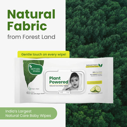 Mother Sparsh Plant Powered Natural Care Baby Wipes pack with Natural Fabric from Forest Land shown against a background of green trees, emphasizing its eco-friendly nature.
