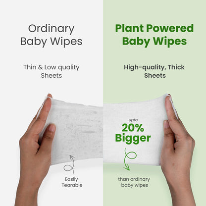 Comparison image showing Plant Powered Baby Wipes as High-quality, Thick Sheets that are 20% bigger compared to thin, easily tearable ordinary baby wipes.