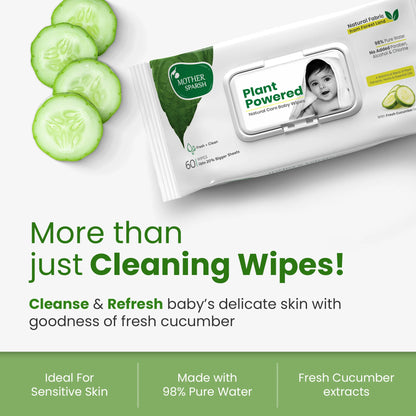 Mother Sparsh Plant Powered Baby Wipes with Fresh Cucumber Extracts for sensitive skin, made with 98% Pure Water to cleanse and refresh baby's skin.