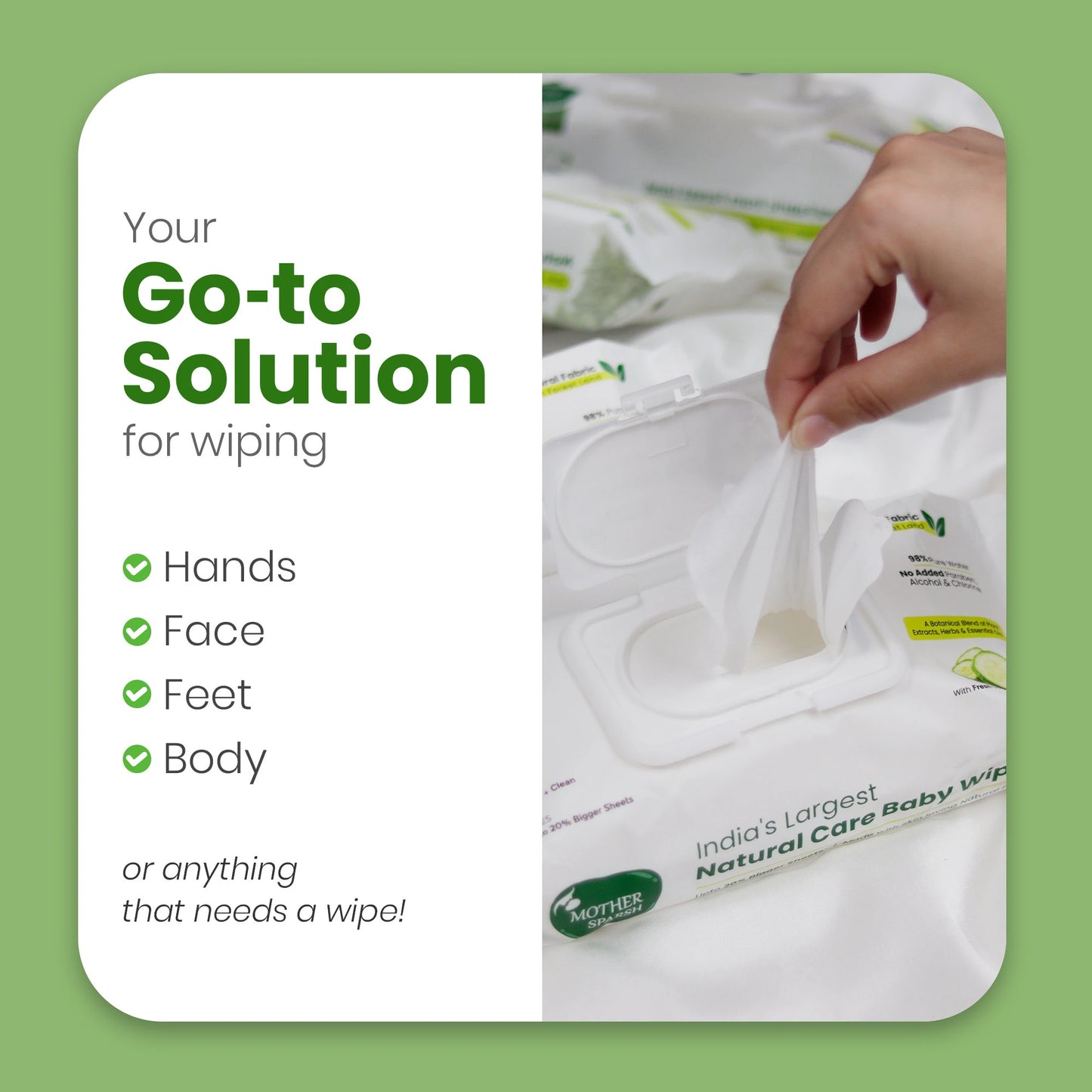 Mother Sparsh Natural Care Baby Wipes, India's Go-to Solution for wiping hands, face, feet, and body, showing a hand pulling a multi-use wipe from the pack.