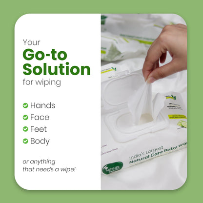 Mother Sparsh Natural Care Baby Wipes, India's Go-to Solution for wiping hands, face, feet, and body, showing a hand pulling a multi-use wipe from the pack.