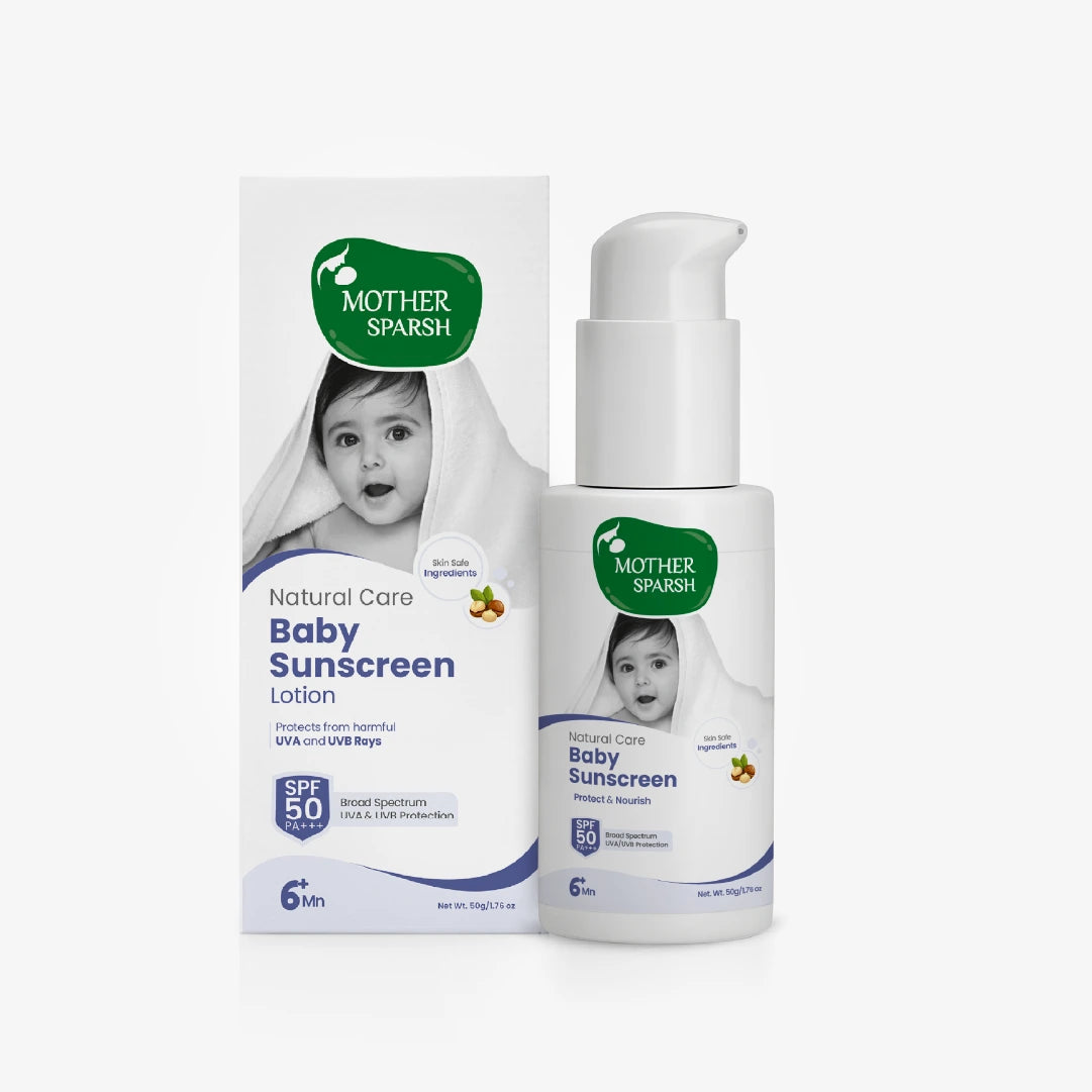 Mother Sparsh Baby Sunscreen SPF 50 PA+++ bottle placed on a beach chair promoting UVA and UVB protection for delicate baby skin.
