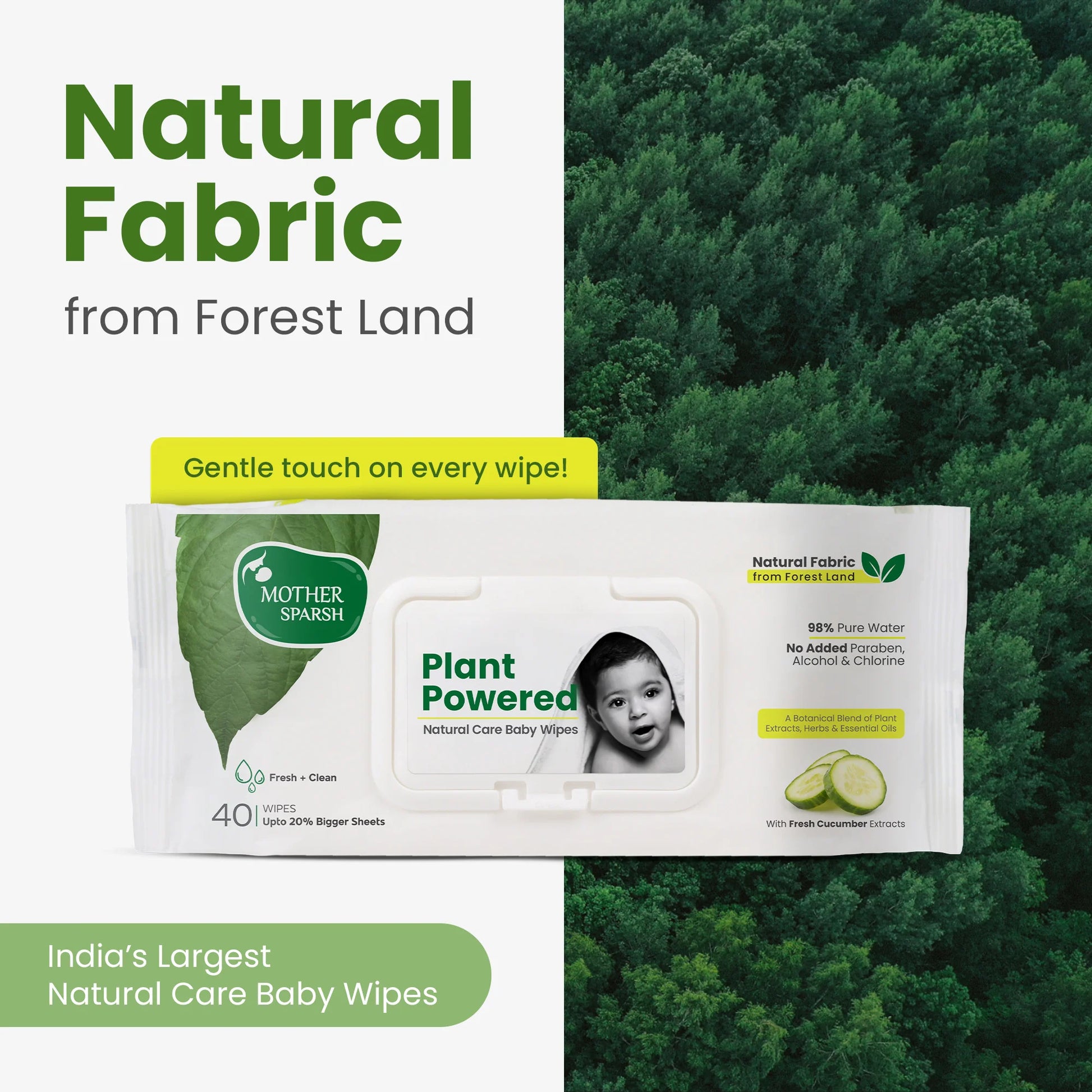 Mother Sparsh Plant Powered Natural Care Baby Wipes pack with Natural Fabric from Forest Land shown against a background of green trees, emphasizing its eco-friendly nature.