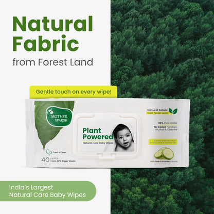 Mother Sparsh Plant Powered Natural Care Baby Wipes pack with Natural Fabric from Forest Land shown against a background of green trees, emphasizing its eco-friendly nature.