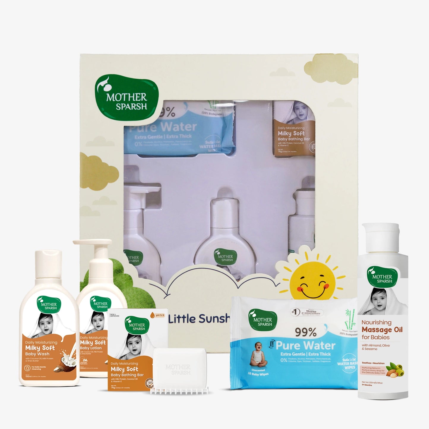 Mother Sparsh Premium Newborn Baby Gift Box front view showing gift box with baby wash, baby lotion, bathing bar, pure water baby wipes and nourishing massage oil displayed outside.
