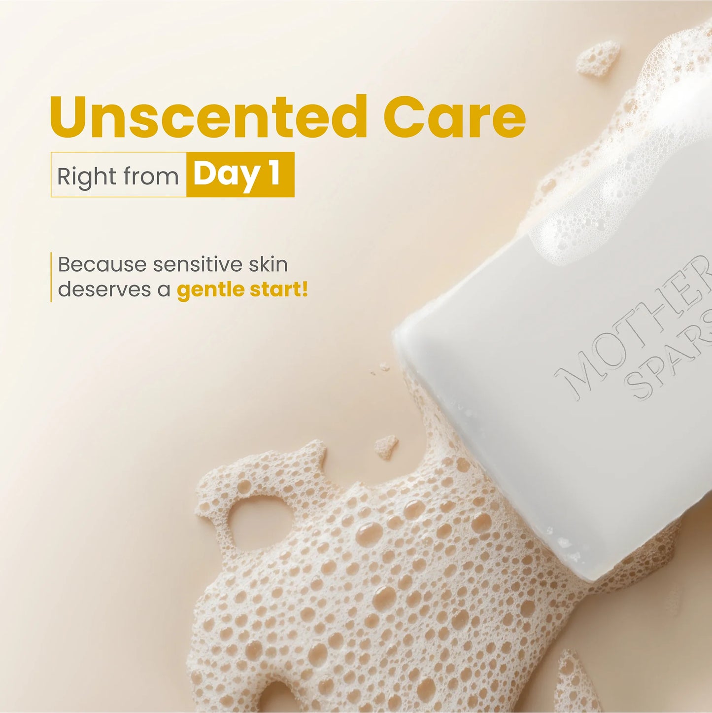 Mother Sparsh Simply Unscented Baby Bathing Bar with Natural Oatmeal showcasing the box and soap bar with scattered oatmeal; highlighting the healing power and U.S. FDA recognition to soothe & cleanse.