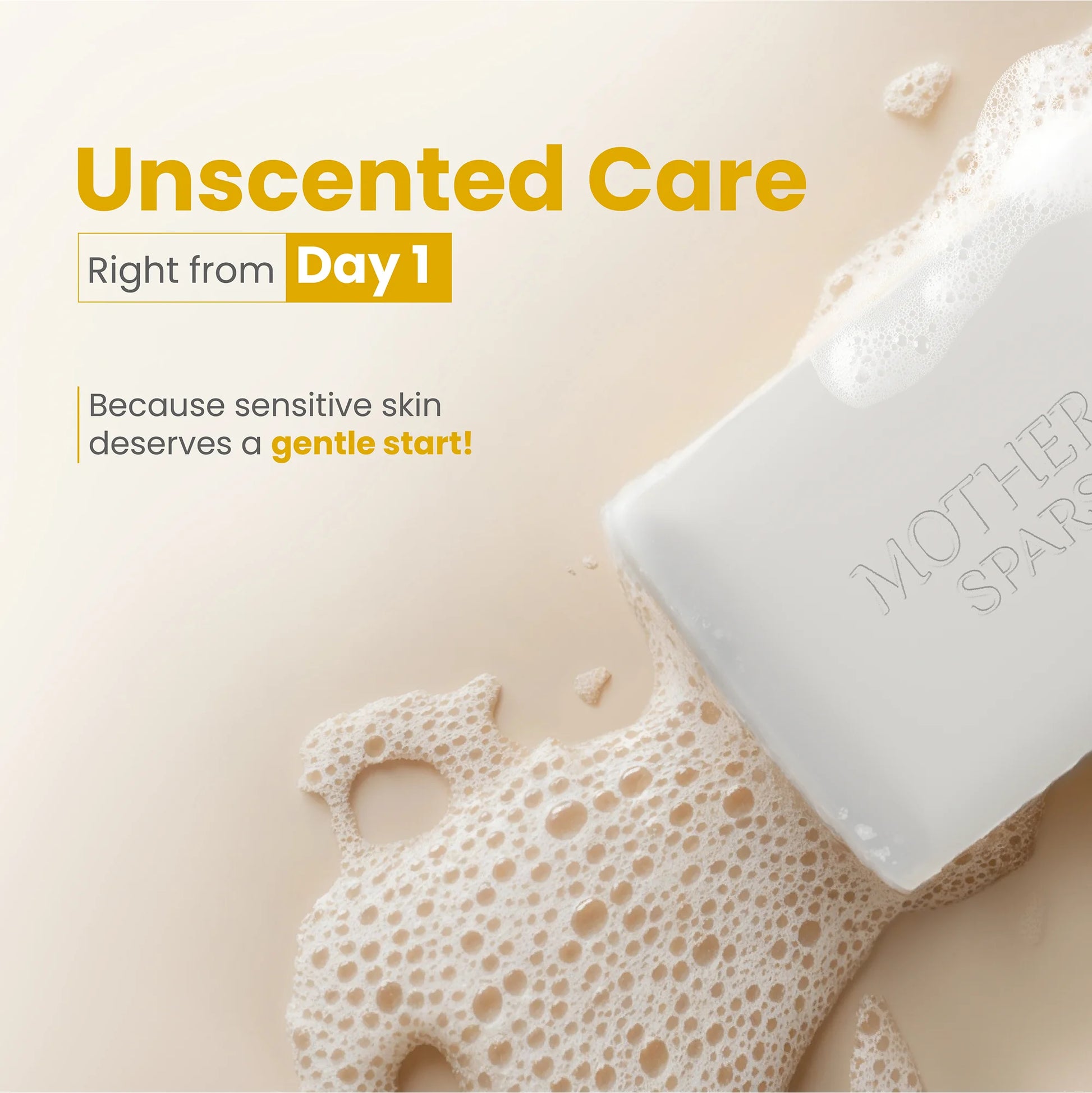 Mother Sparsh Simply Unscented Baby Bathing Bar with Natural Oatmeal showcasing the box and soap bar with scattered oatmeal; highlighting the healing power and U.S. FDA recognition to soothe & cleanse.